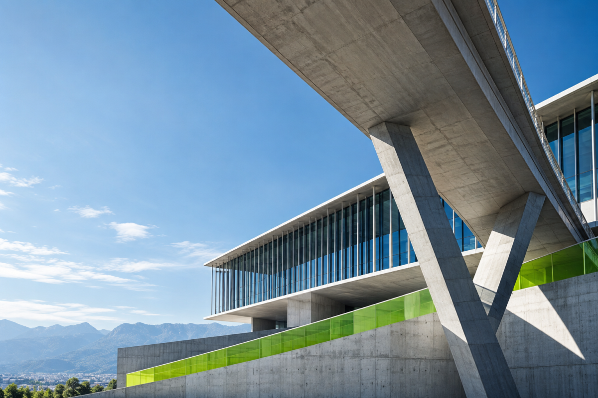 Architettura contemporanea in calcestruzzo e vetro, simbolo di opere pubbliche e competenza tecnica